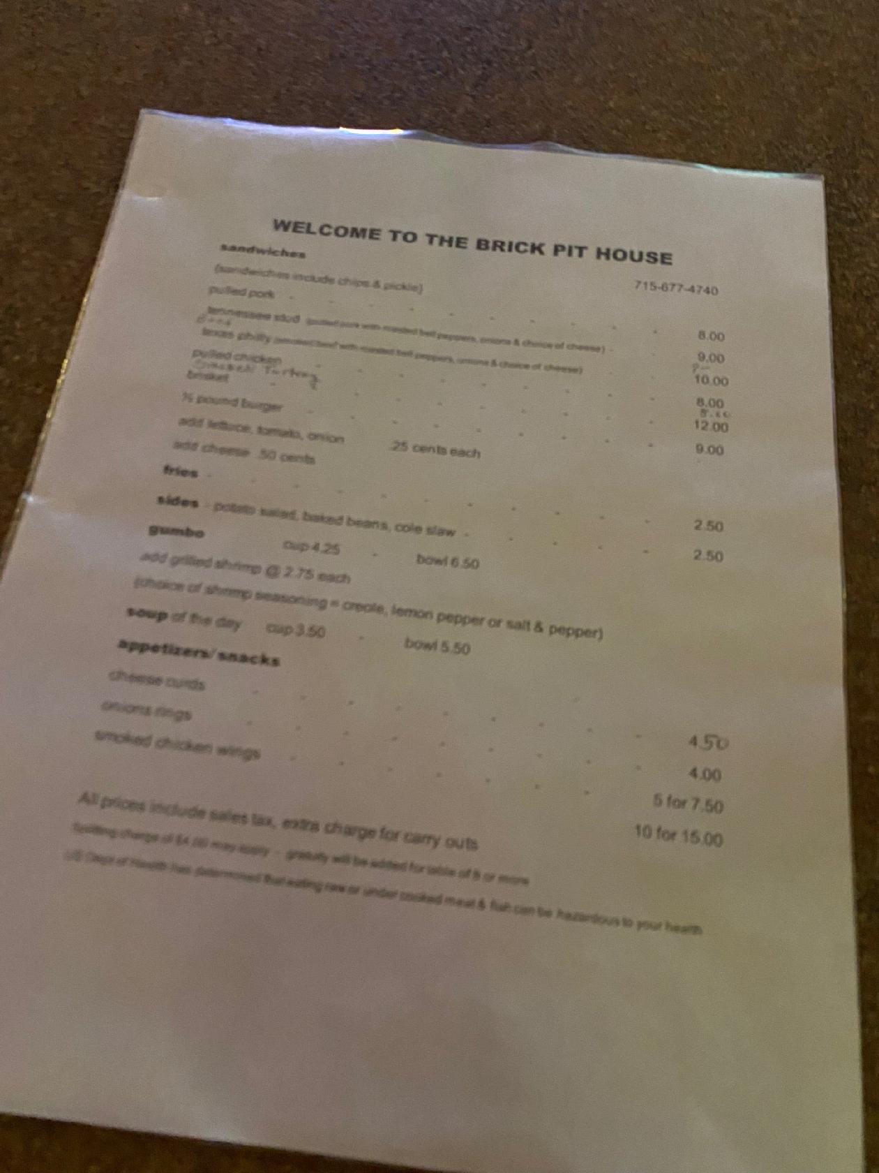 Menu at BJ's Brick Pit House pub & bar, Rosholt
