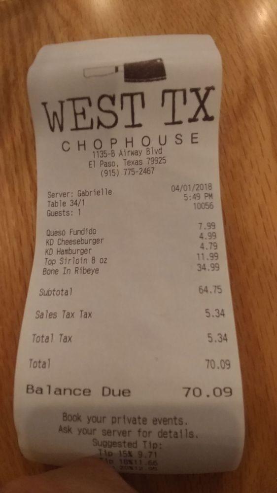 Menu at West Texas Chophouse steakhouse, El Paso