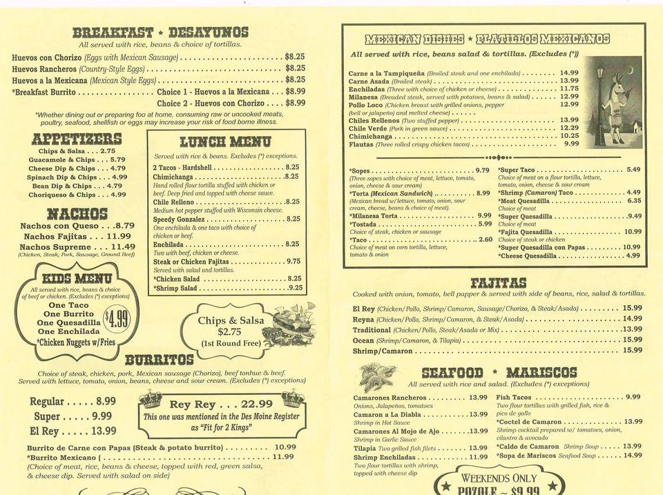 Menu at El Rey Burritos restaurant, West Des Moines, Grand Ave