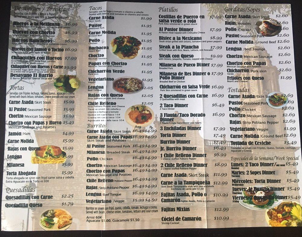 Menu at El Barrio Mexican Restaurant, Romeoville