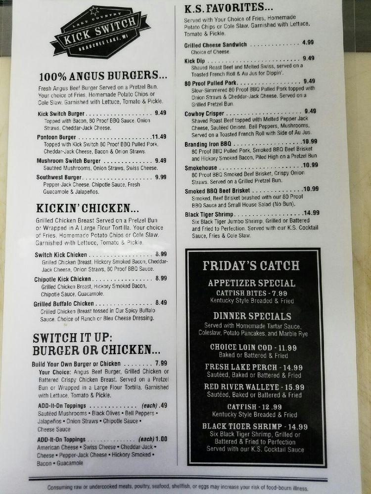 Menu at Kick Switch Bar And Grill, Okauchee Lake