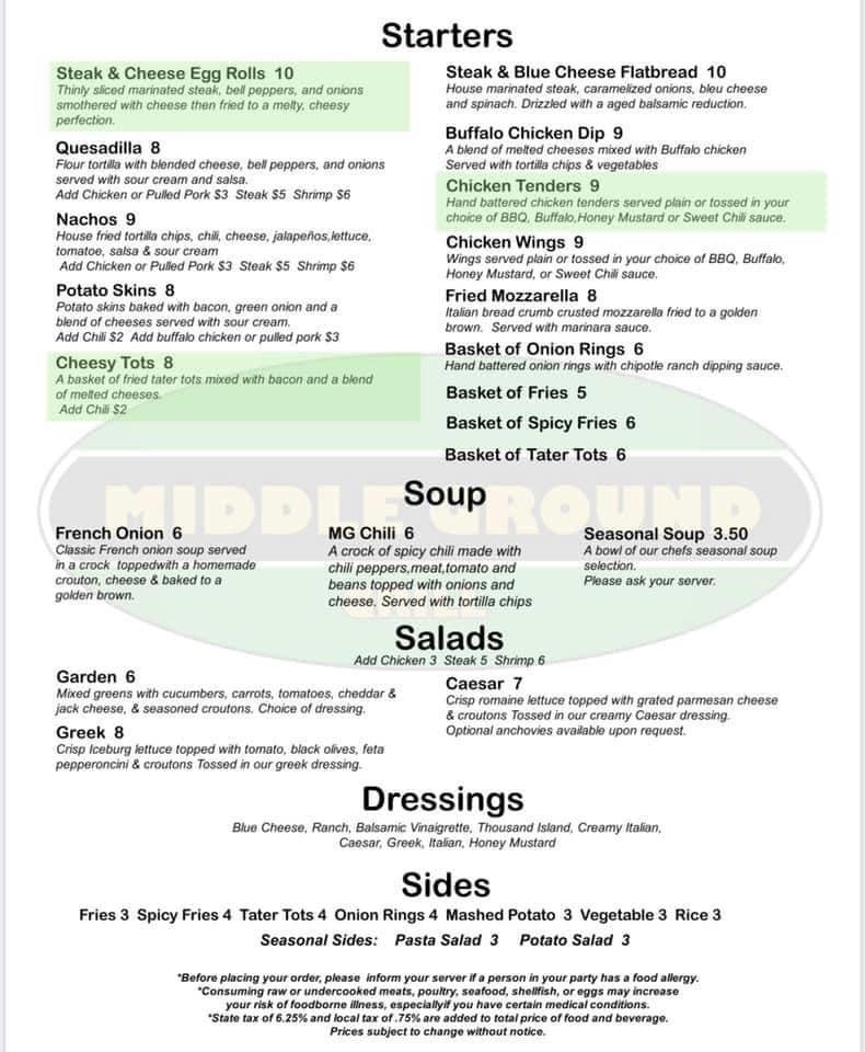 Menu at Middle Ground Grill pub & bar, Weymouth