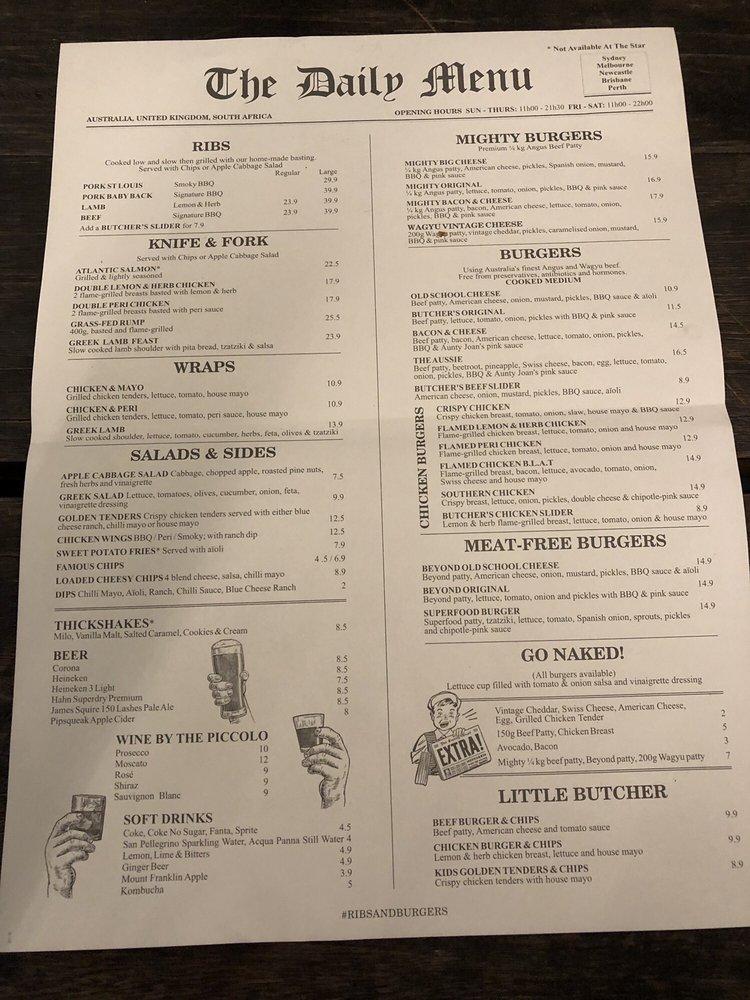 Menu at Ribs & Burgers The Rocks steakhouse, Sydney