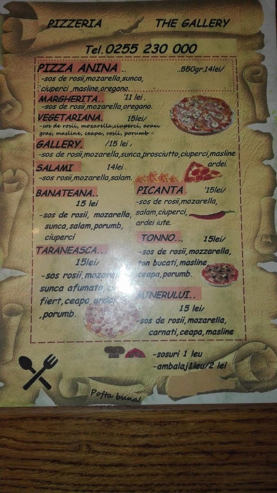 Menu at The Gallery Pizza Restaurant, Anina