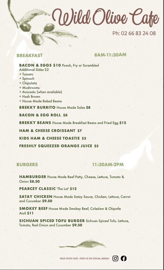 Menu At Wild Olive Cafe Coraki