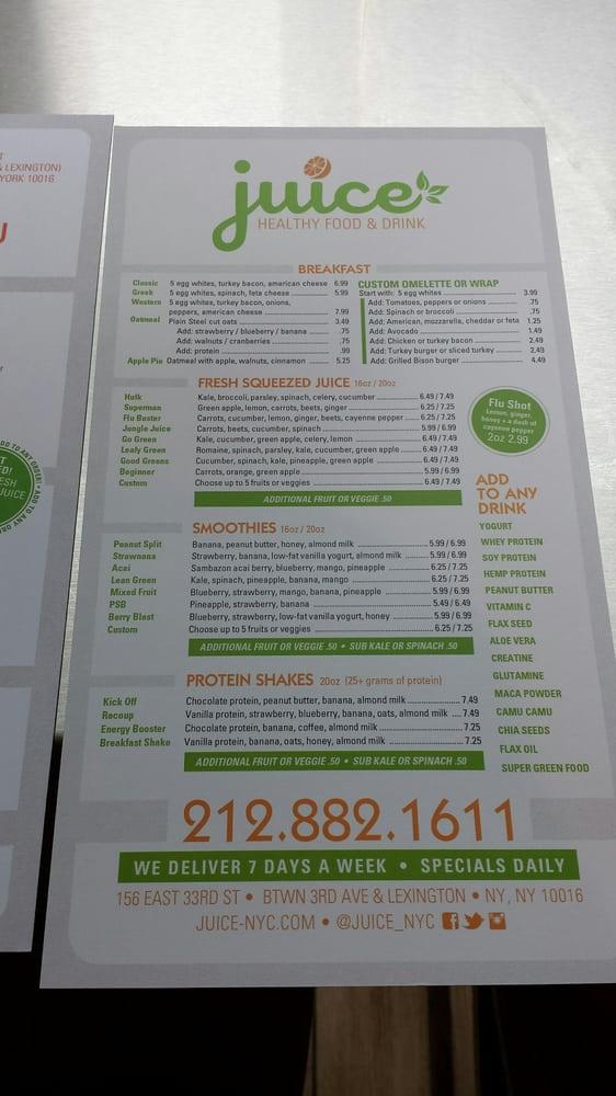 Menu at Juice Healthy Food & Drink pub & bar, New York City, 156 E 33rd St