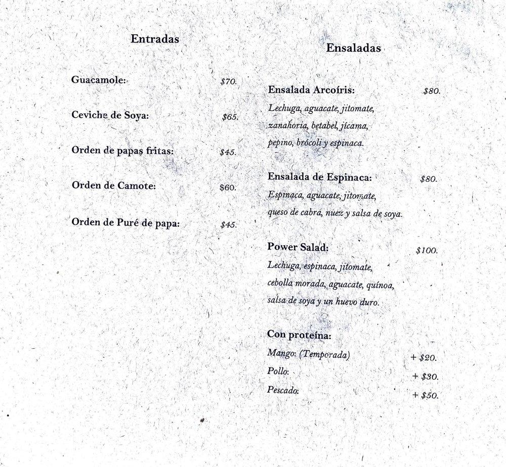 Menu at Spirulina restaurant, Puerto Escondido