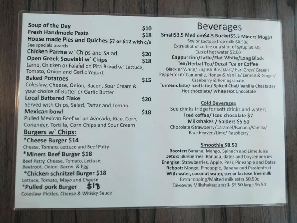 Menu at Wonthaggi state coal mine cafe, Wonthaggi