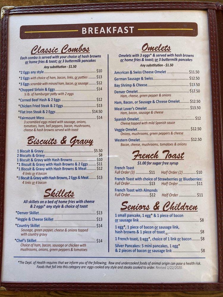 Menu at Fairmount Diner restaurant, Port Angeles