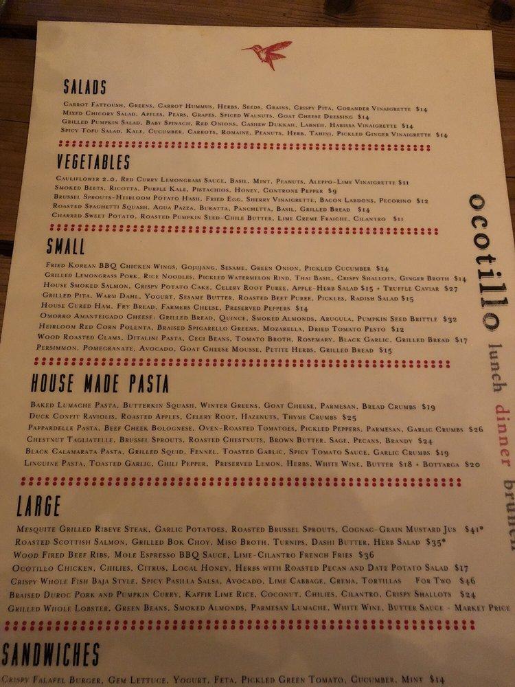 Menu at Ocotillo pub & bar, Phoenix