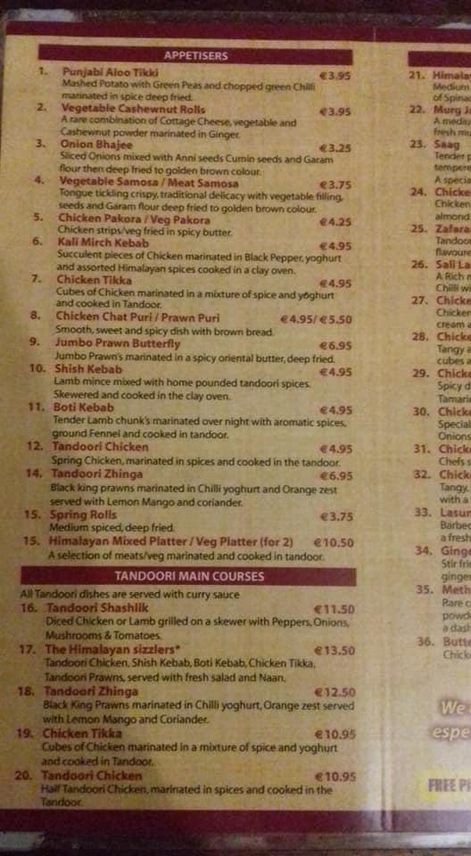 Menu at Himalayan Indian Restaurant, CarrickOnShannon