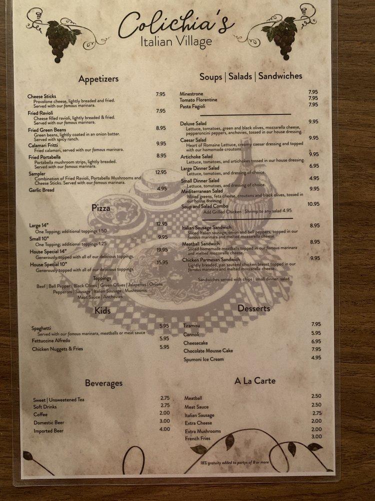 Menu at Colichia's Italian Village restaurant, Groves