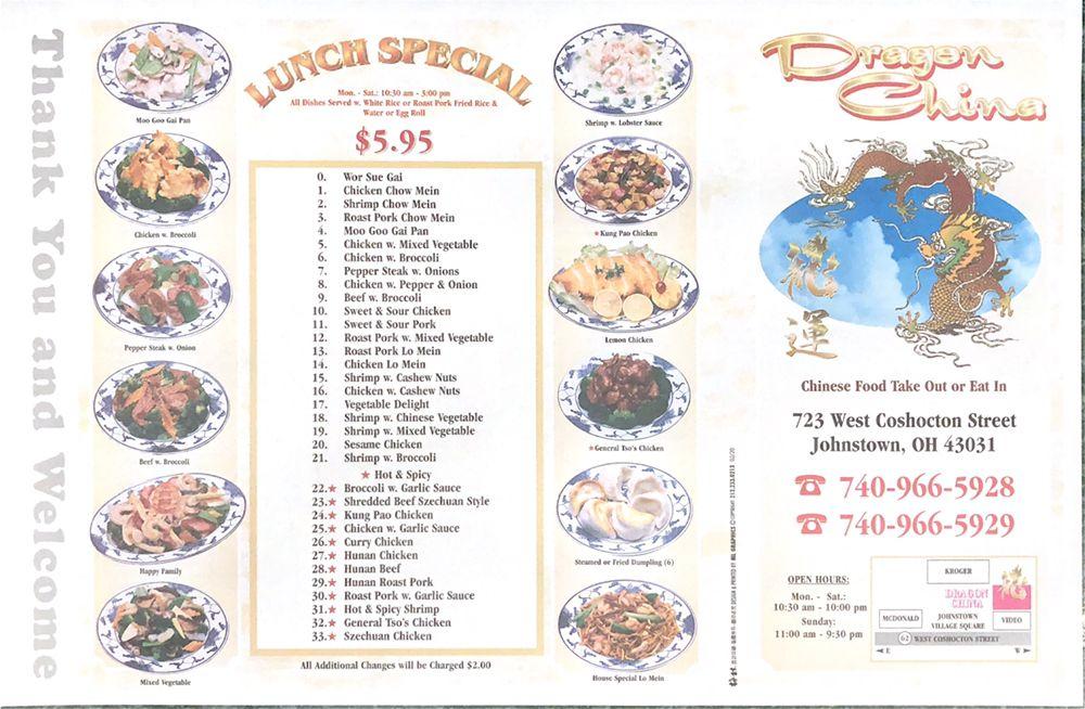 Menu at Dragon China restaurant, Johnstown, 723 W Coshocton St