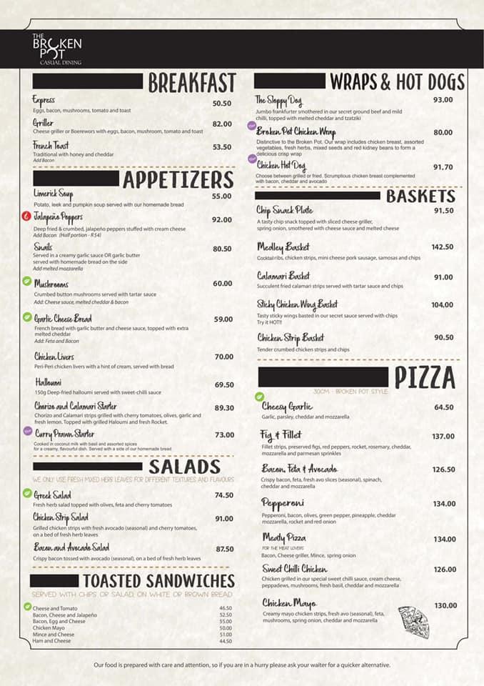 Menu at The Broken Pot restaurant, Potchefstroom