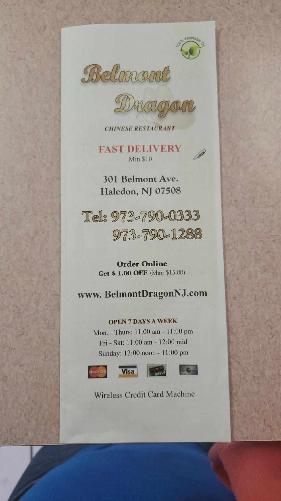 Menu at Belmont Dragon Chinese Restaurant, Haledon, 301 Belmont Ave