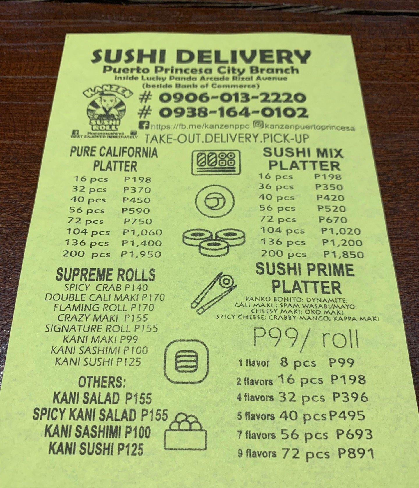 Menu At Kanzen Sushi Roll Restaurant Puerto Princesa