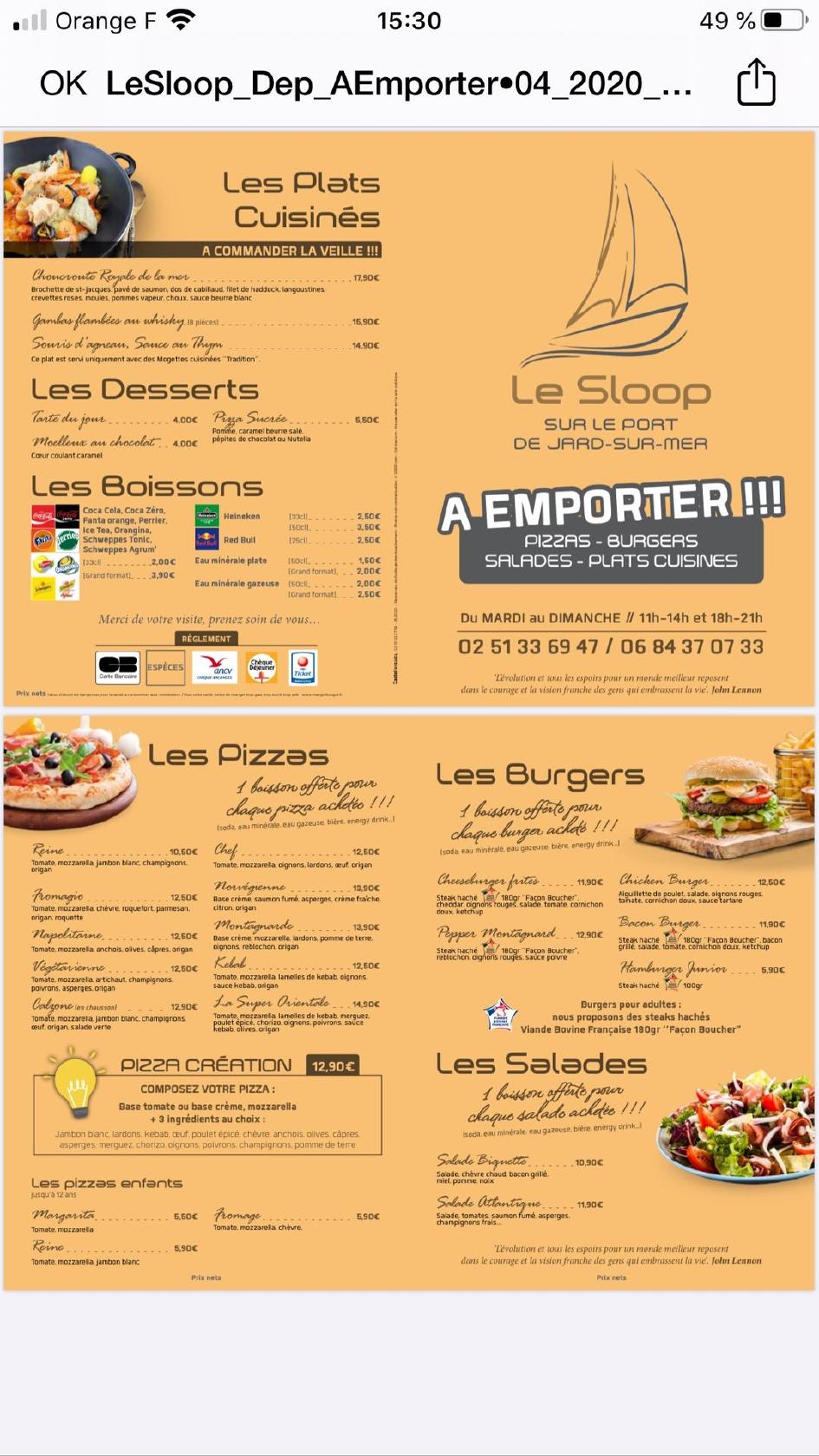 Menu At Le Sloop Restaurant Jard Sur Mer