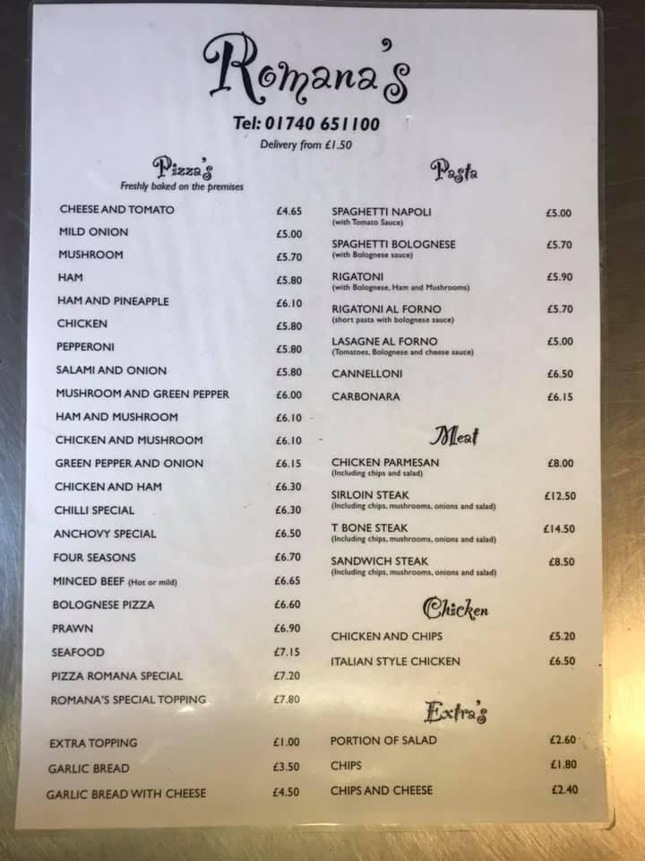 Menu at Romanas restaurant, Ferryhill