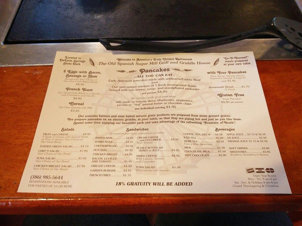 Menu at The Old Spanish Sugar Mill restaurant, De Leon Springs