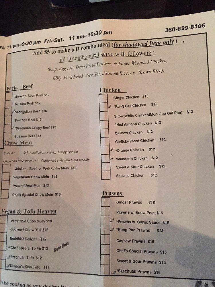 Menu at Dragon Palace restaurant, Stanwood