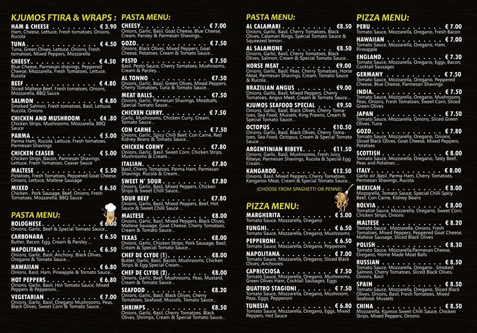 Menu at Kjumos Bakery Pasta & Pizzeria, Hamrun