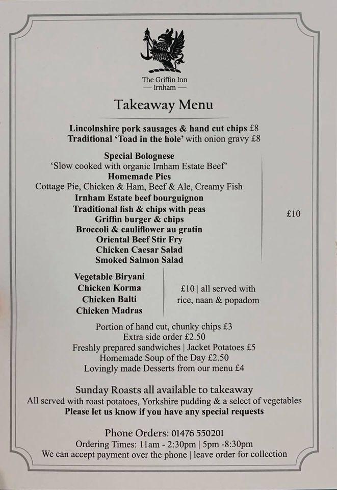 Menu at The Griffin Inn pub & bar, England, Bulby Road