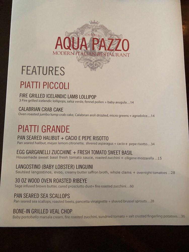 Menu at Aqua Pazzo restaurant, Boardman