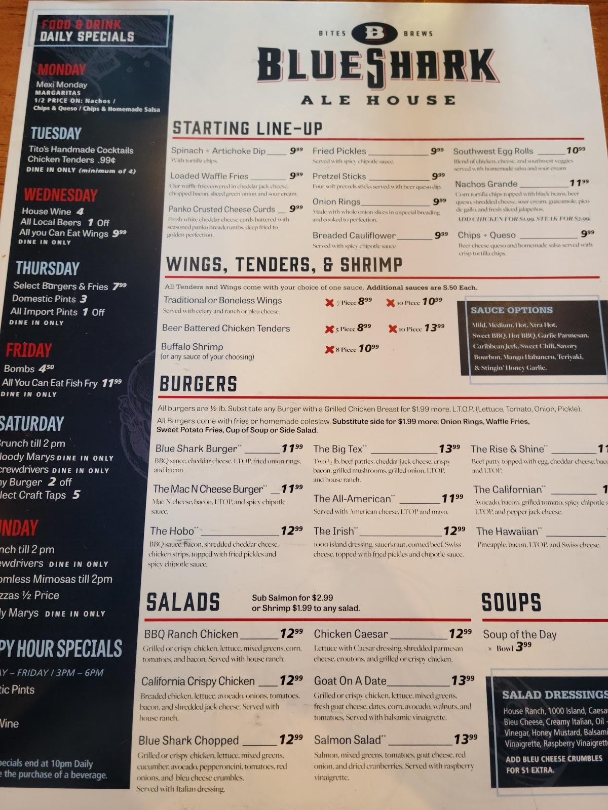 Menu at Blue Shark Ale House pub & bar, Urbandale