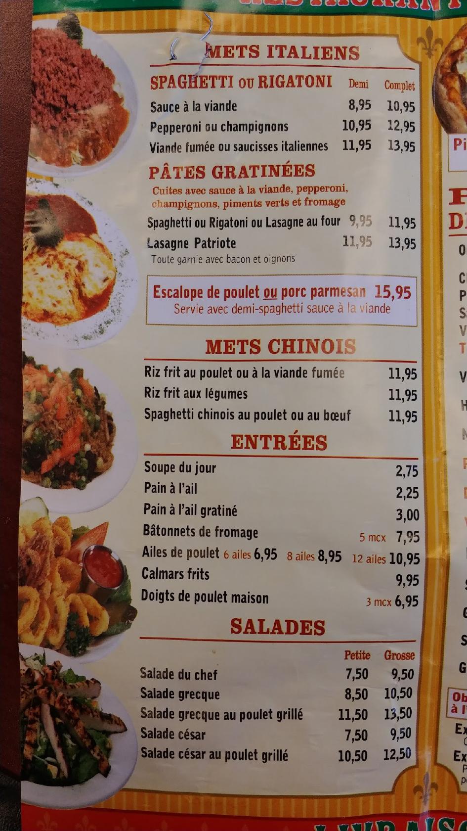 Menu au Vieux StEustache Pizzeria, SaintEustache