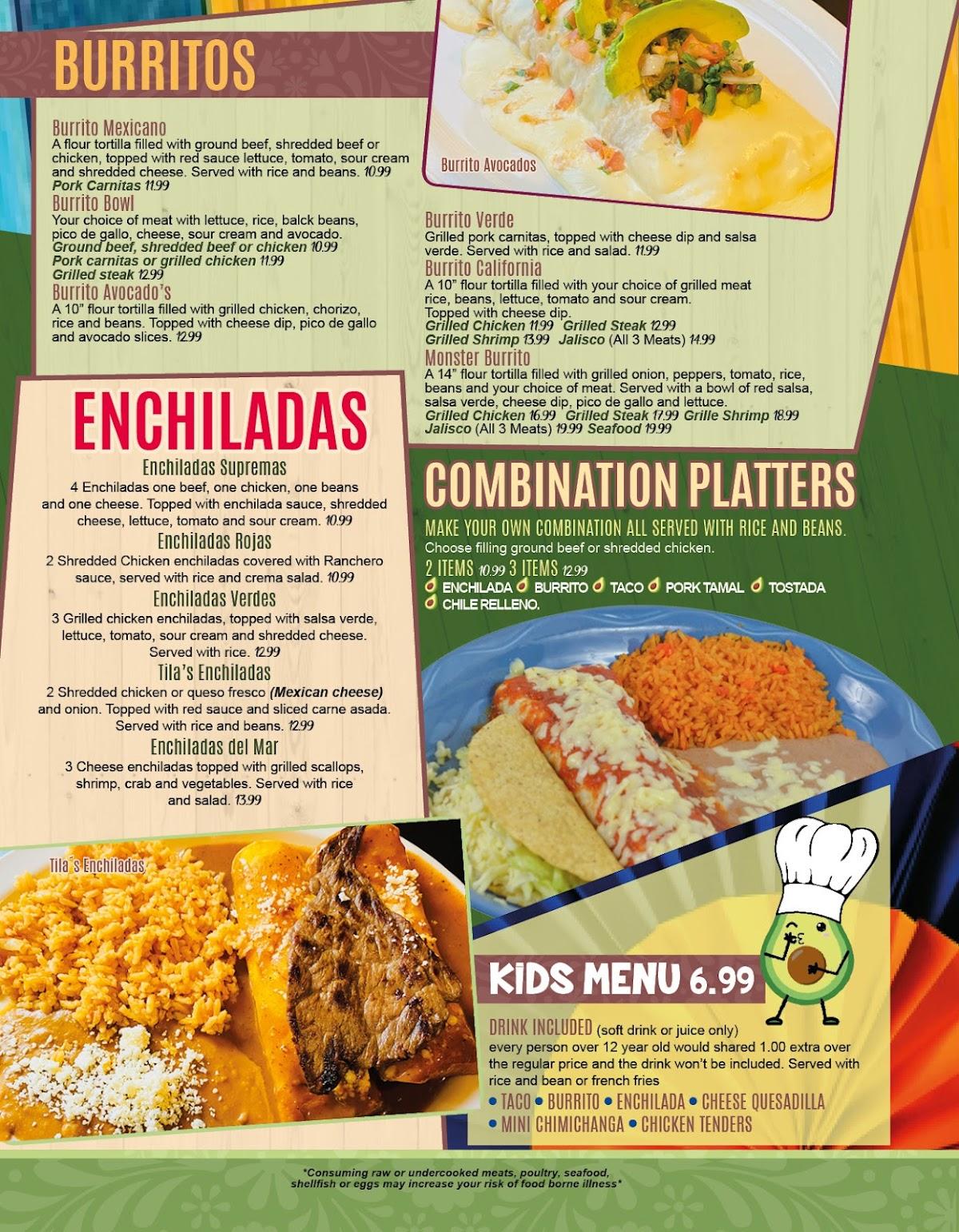Menu at Avocados Mexican Grill restaurant, Wisconsin Rapids