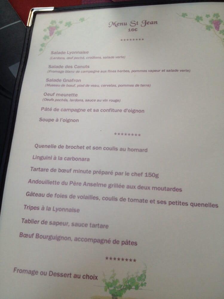 Menu at Les Pampres Rouges restaurant, Lyon