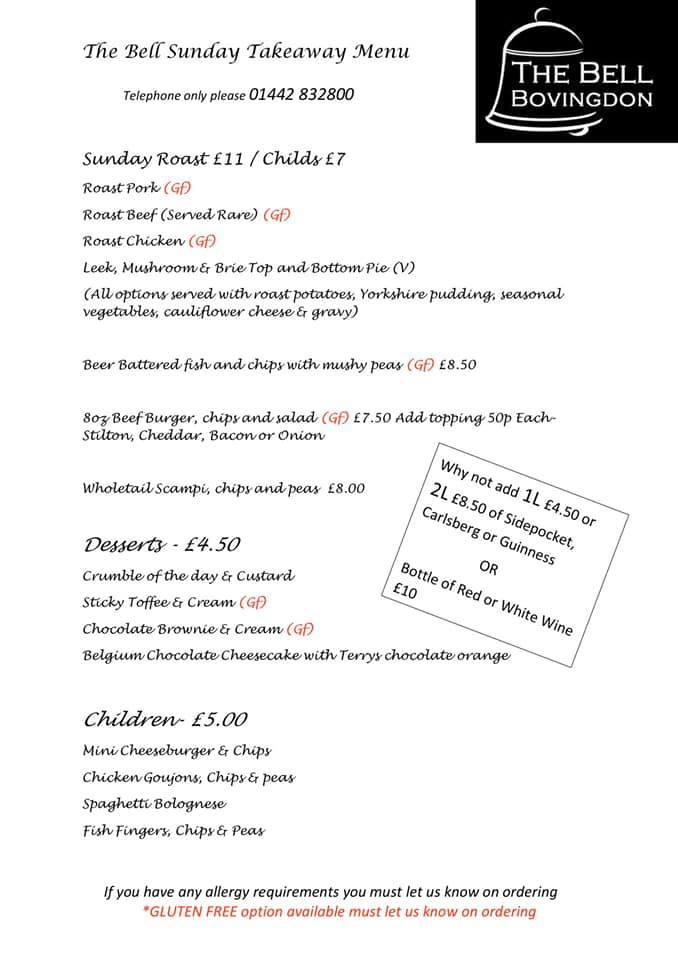 Menu at The Bell Inn Bovingdon pub & bar, Hemel Hempstead