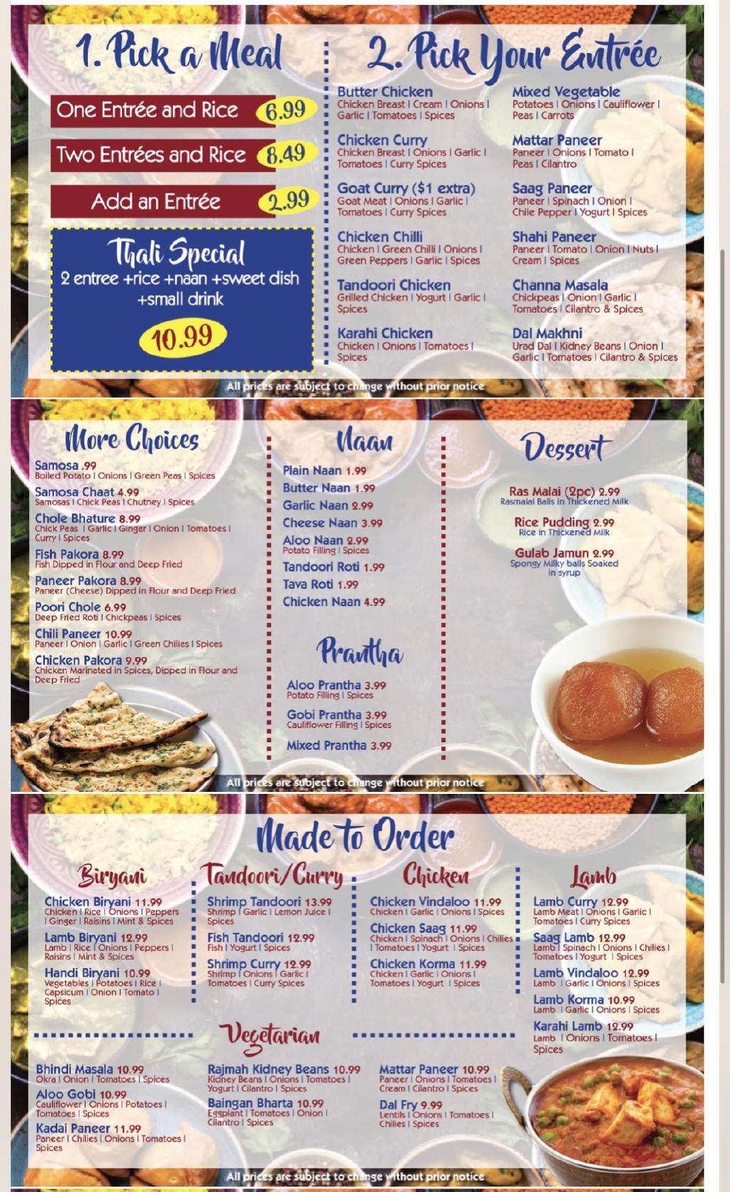 Menu at Taj Fine Indian Cuisine restaurant, Chico