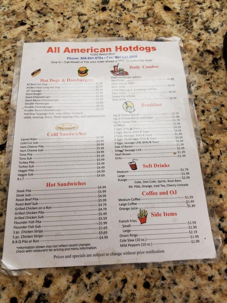 Menu at All American Hot Dog & Sandwiches restaurant, Jacksonville