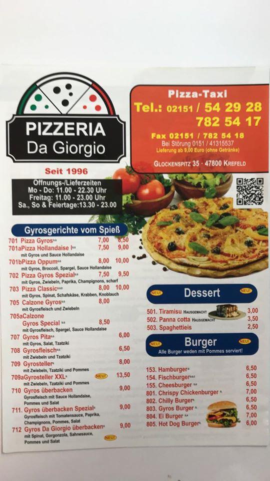 Speisekarte von Pizzeria Da Krefeld, Krefeld