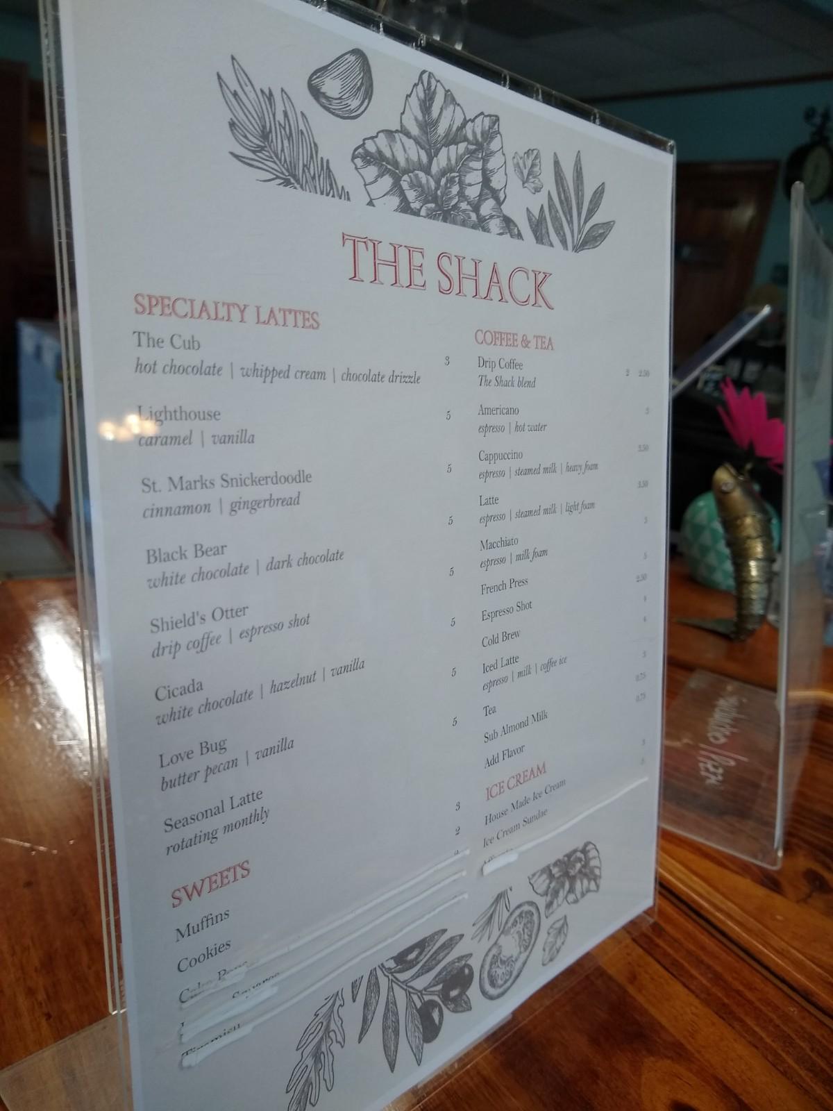 Menu at The Shack a Coffee Boutique pub bar Saint Marks