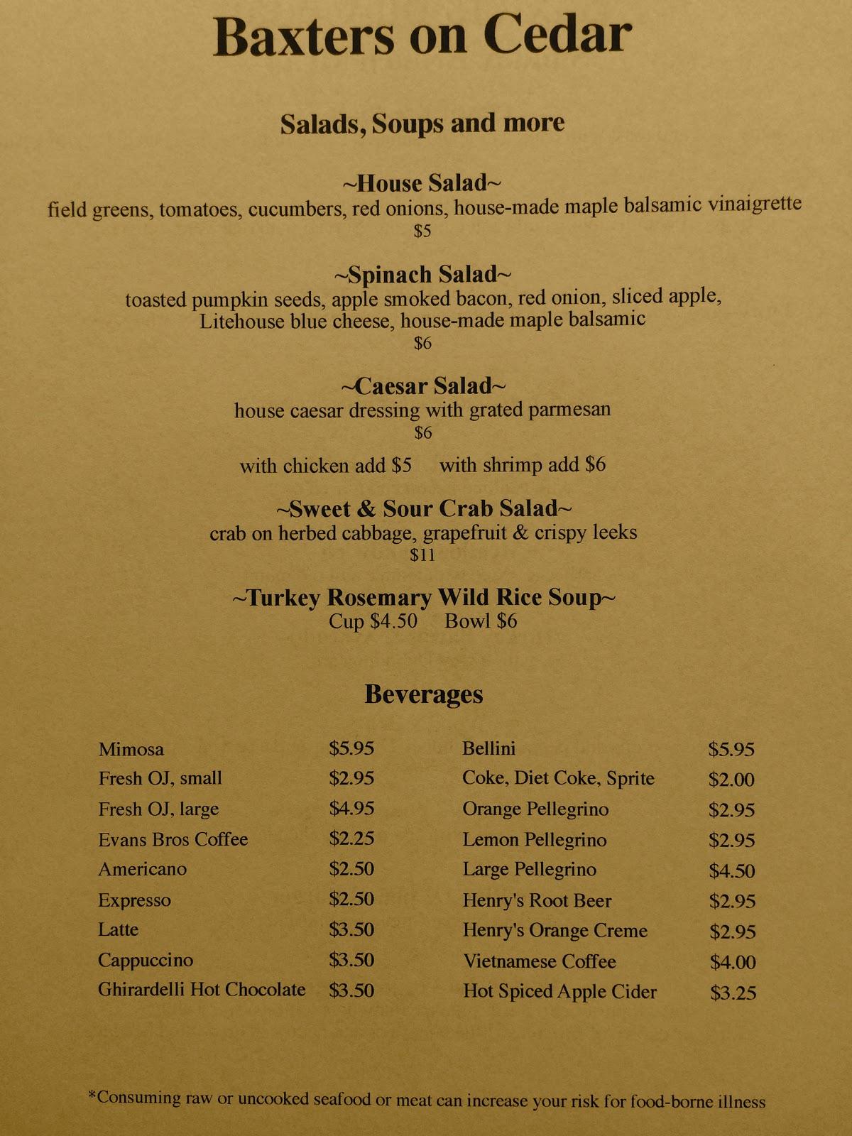 Menu at Baxters on Cedar pub & bar, Sandpoint, 109 Cedar St
