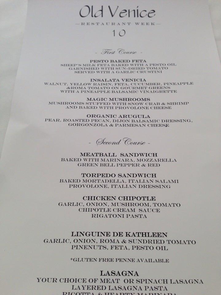 Menu at Old Venice Restaurant, San Diego