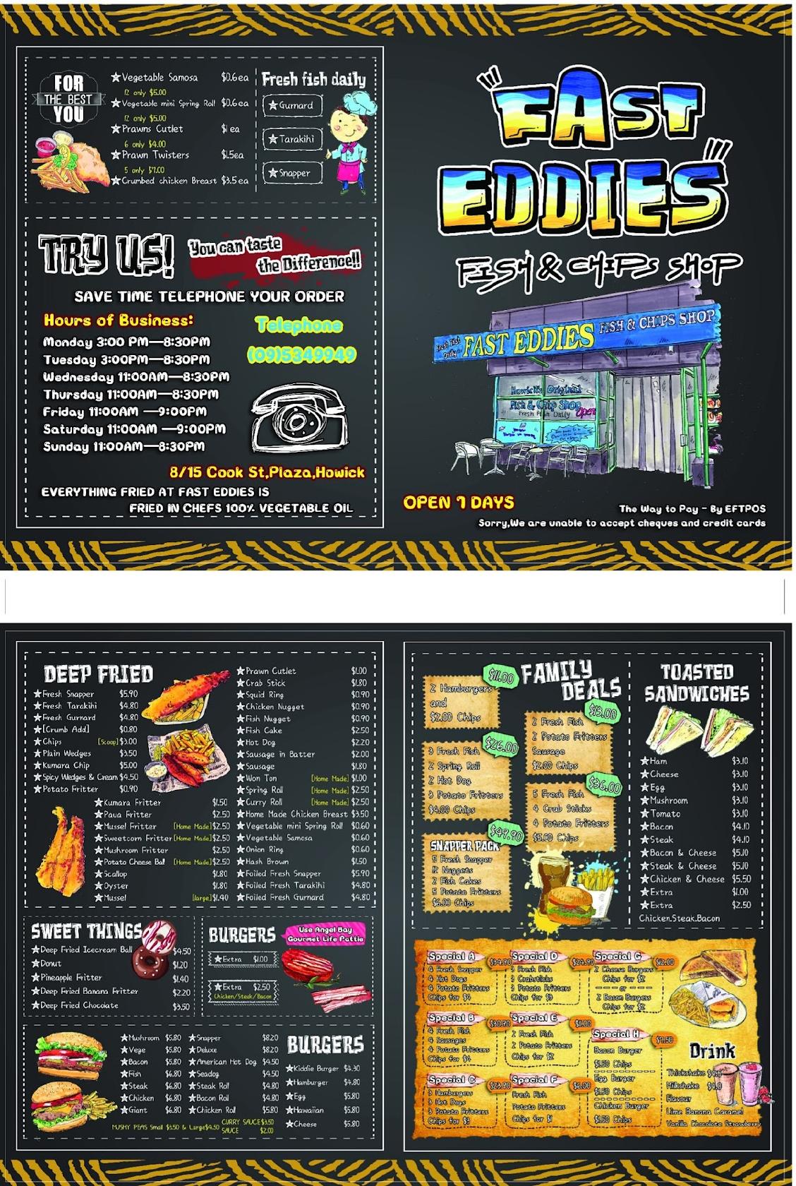 Menu at Fast Eddies fast food, Auckland, 8/15 Cook St