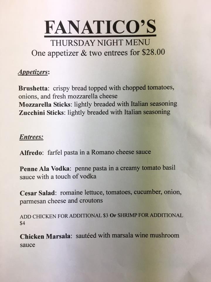 Menu at Fanatico restaurant, Whitewater, 162 W Main St