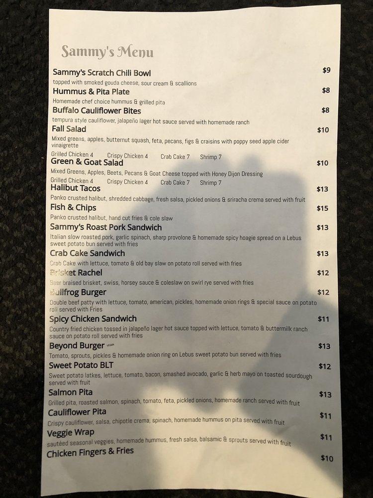 Menu at Sammy’s Bullfrog Cafe, Harleysville