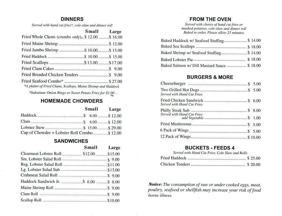 Menu at Mac's Downeast Seafood restaurant, Auburn