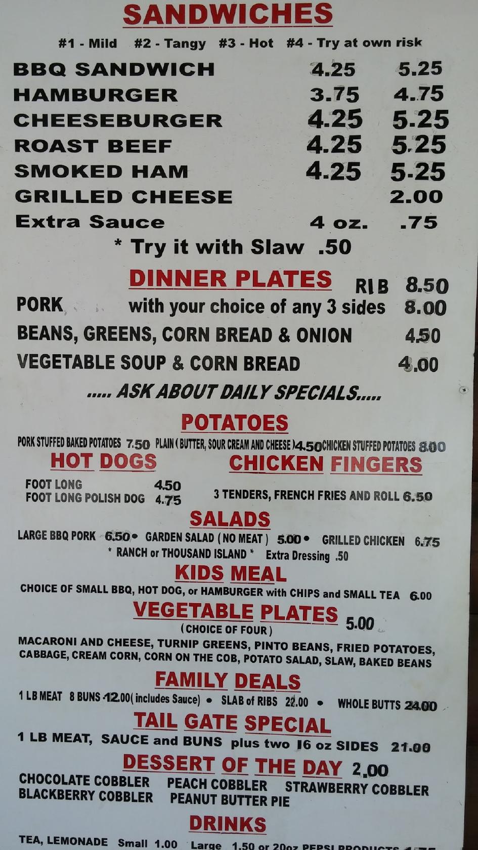 Menu at Merrill's BBQ, Gadsden