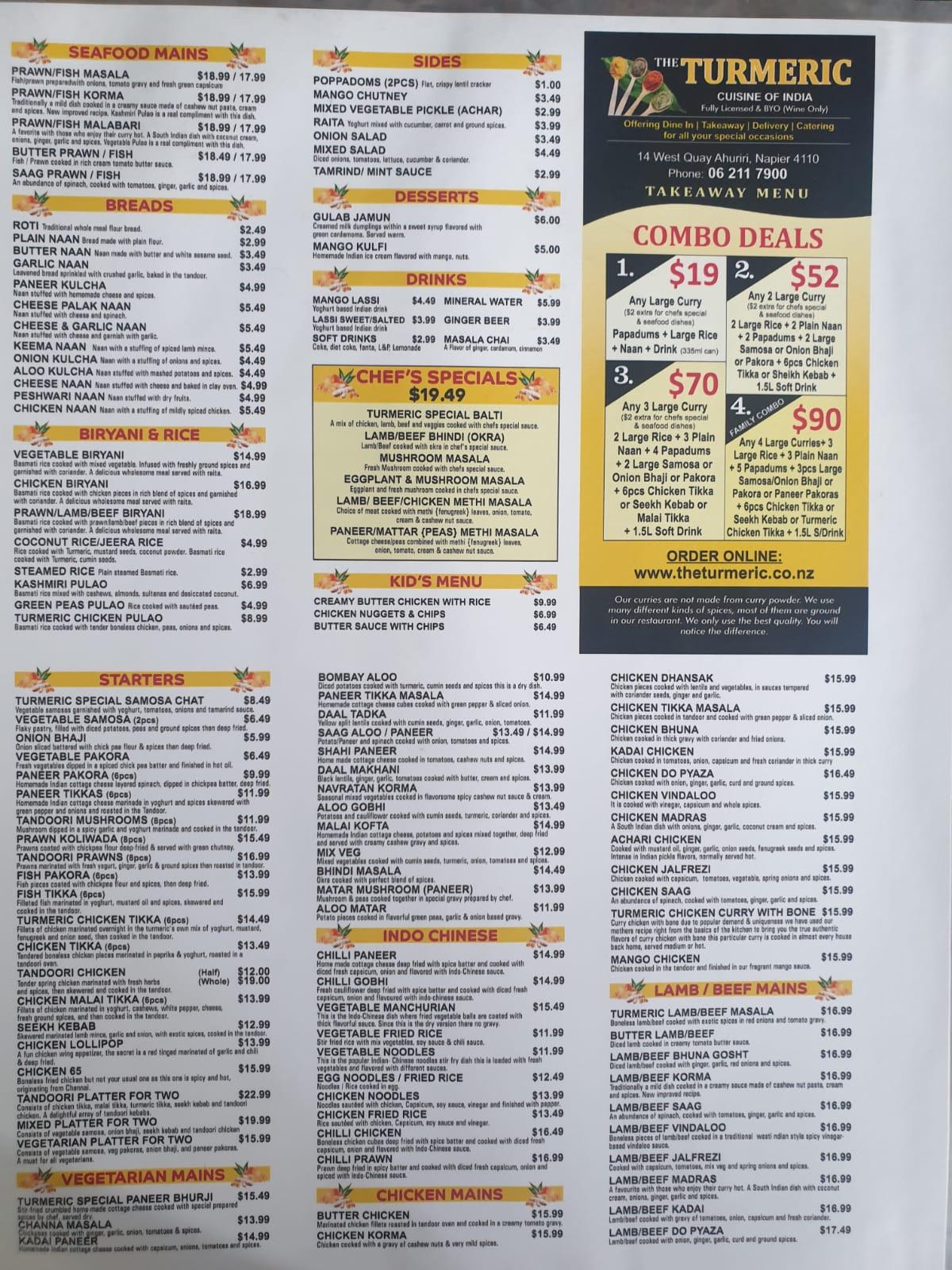 Menu at The Turmeric Cuisine of India restaurant, Napier