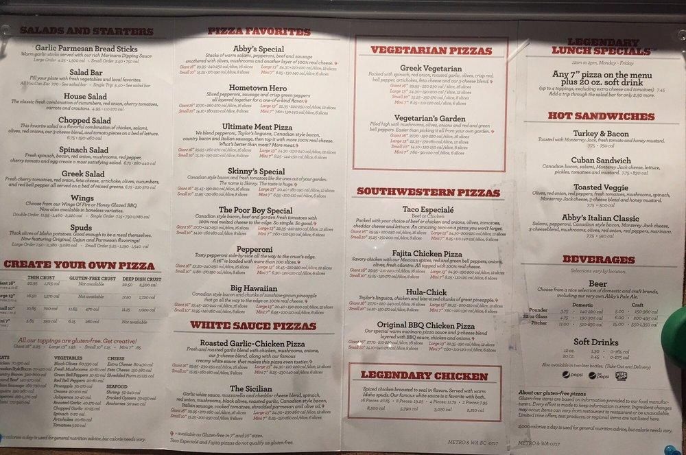 Menu at Abby's Legendary Pizza pizzeria, Oregon City
