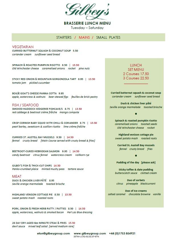 Menu at Gilbey's Bar, Restaurant &amp; Townhouse, Eton