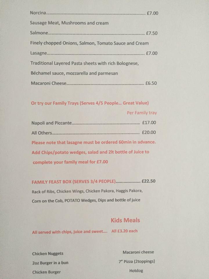 Menu at Paolo's Takeaway pizzeria, Gorebridge