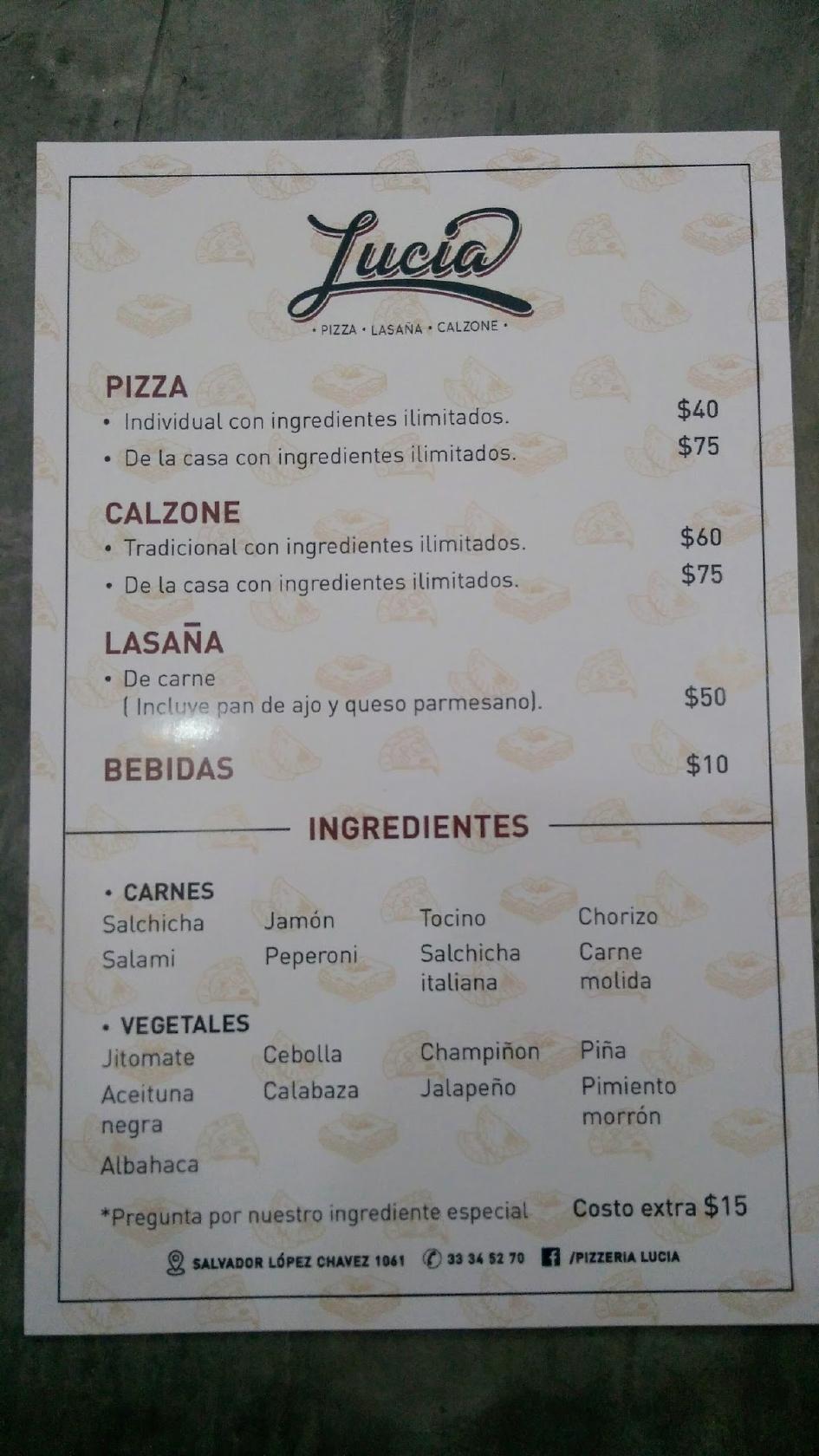 Menu at Pizzas Lucia restaurant, Guadalajara
