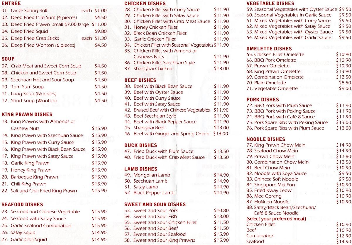 Menu at Cafe 8, Huntingdale
