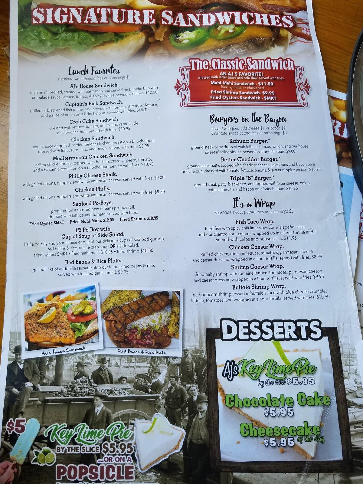 Menu at AJ's on the Bayou restaurant, Fort Walton Beach
